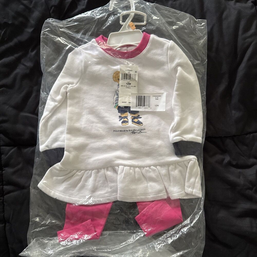 NWT RALPH LAUREN Baby GIRLS BEAR Sweatshirt & Legging Set Fleece Long Sleeve 12M